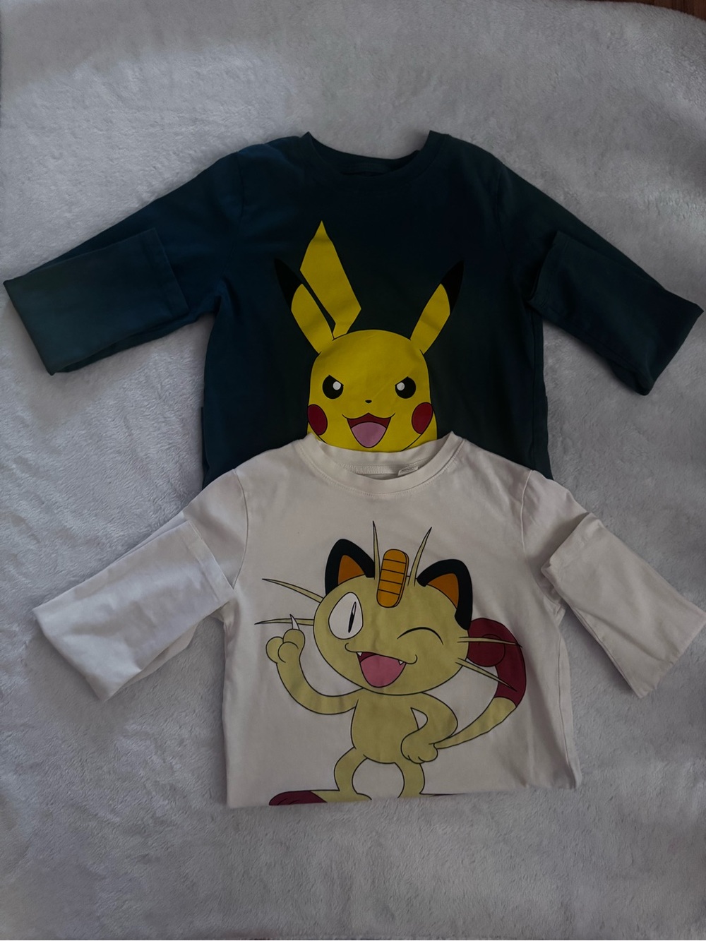 Two H&M Kids Pokemon Pikachu & Meowth Long Sleeve Tees - Cream and Green